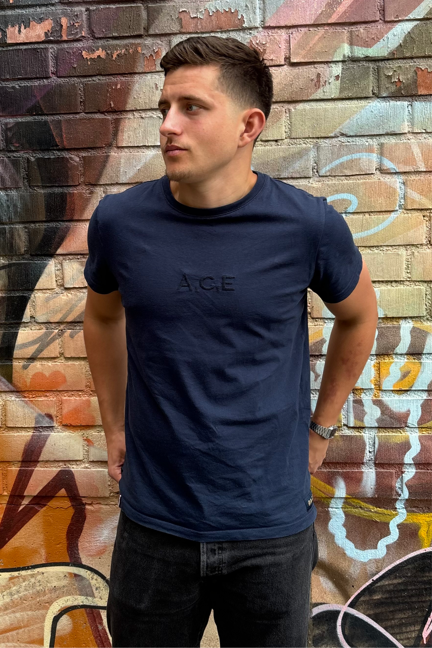 Simple and soft navy t-shirt witch A.C.E embroided to the chest