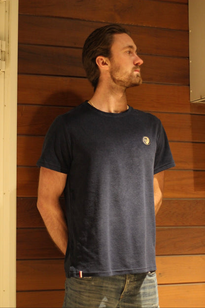 A regular-sized Navy Terry T-Shirt, relaxed fit, super soft, with an ACE logo on the chest.