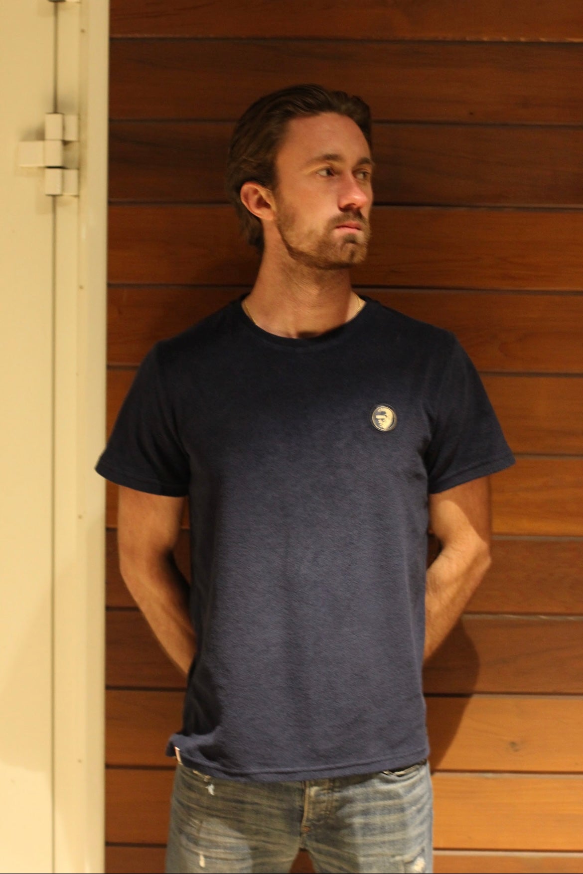 A regular-sized Navy Terry T-Shirt, relaxed fit, super soft, with an ACE logo on the chest.