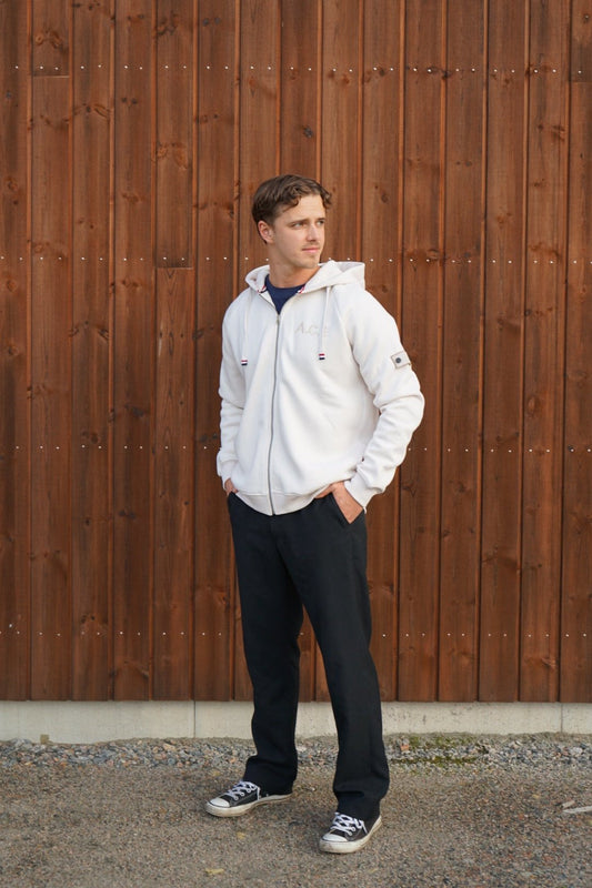 A regular sized White sand zip hoodie, Regular fit, Super Soft, Badge on left sleeve