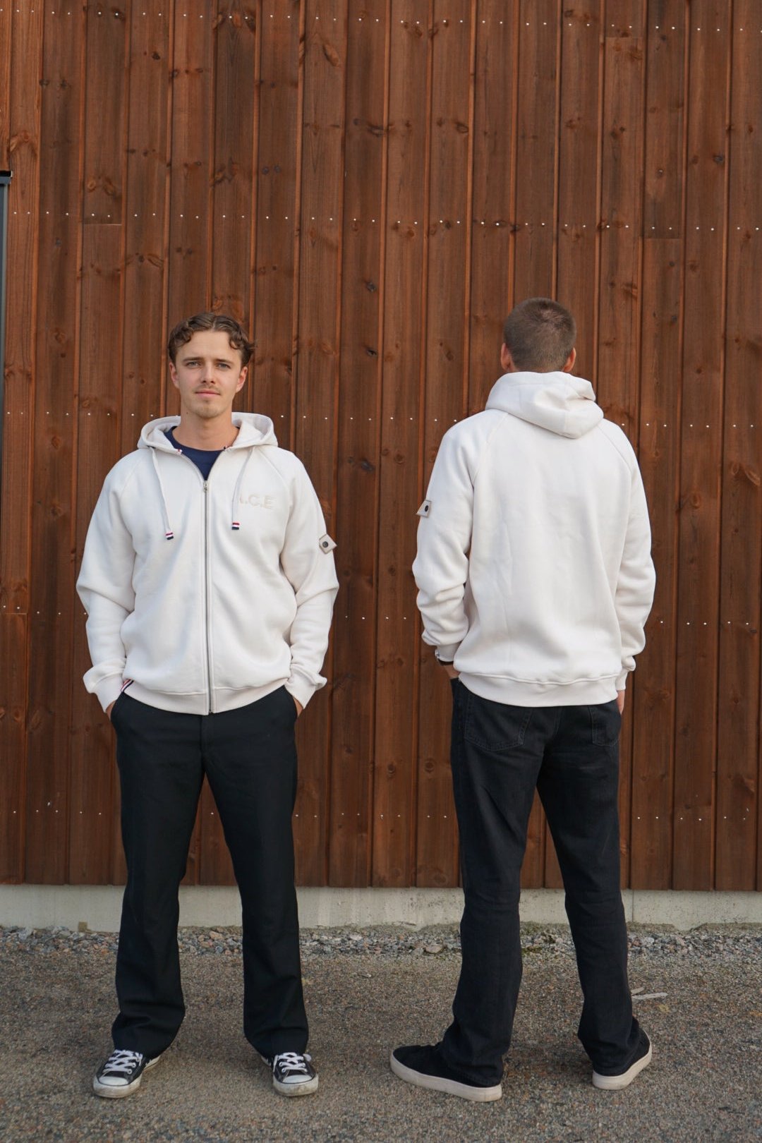 A regular sized White sand zip hoodie, Regular fit, Super Soft, Badge on left sleeve